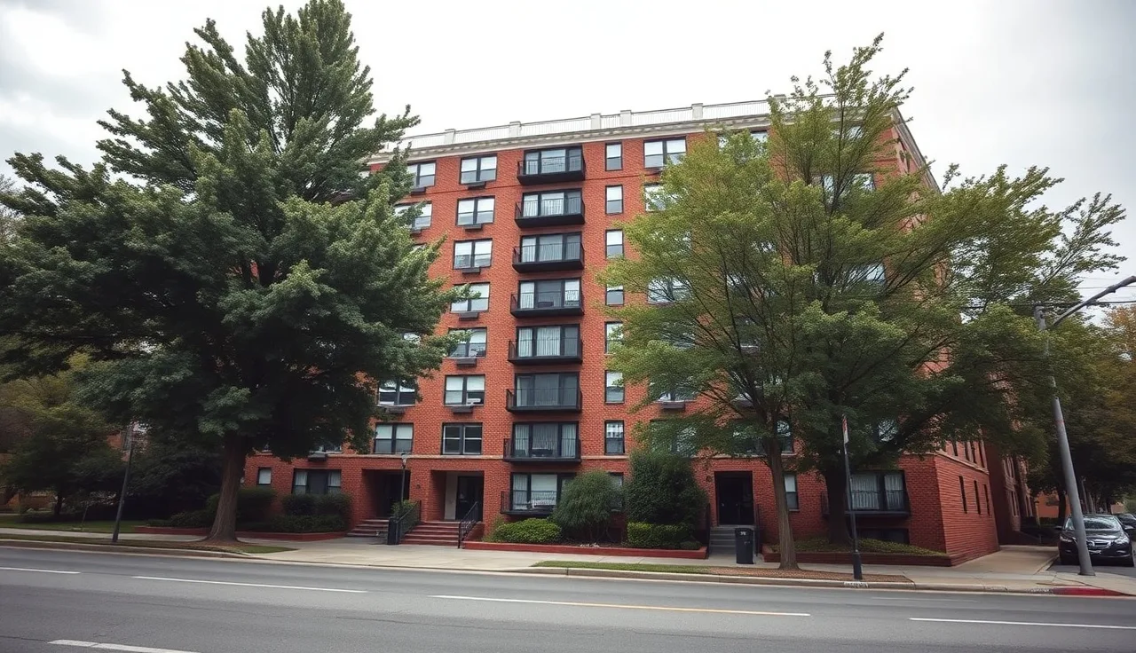 Brick apartment building on a quiet DC street with mature trees