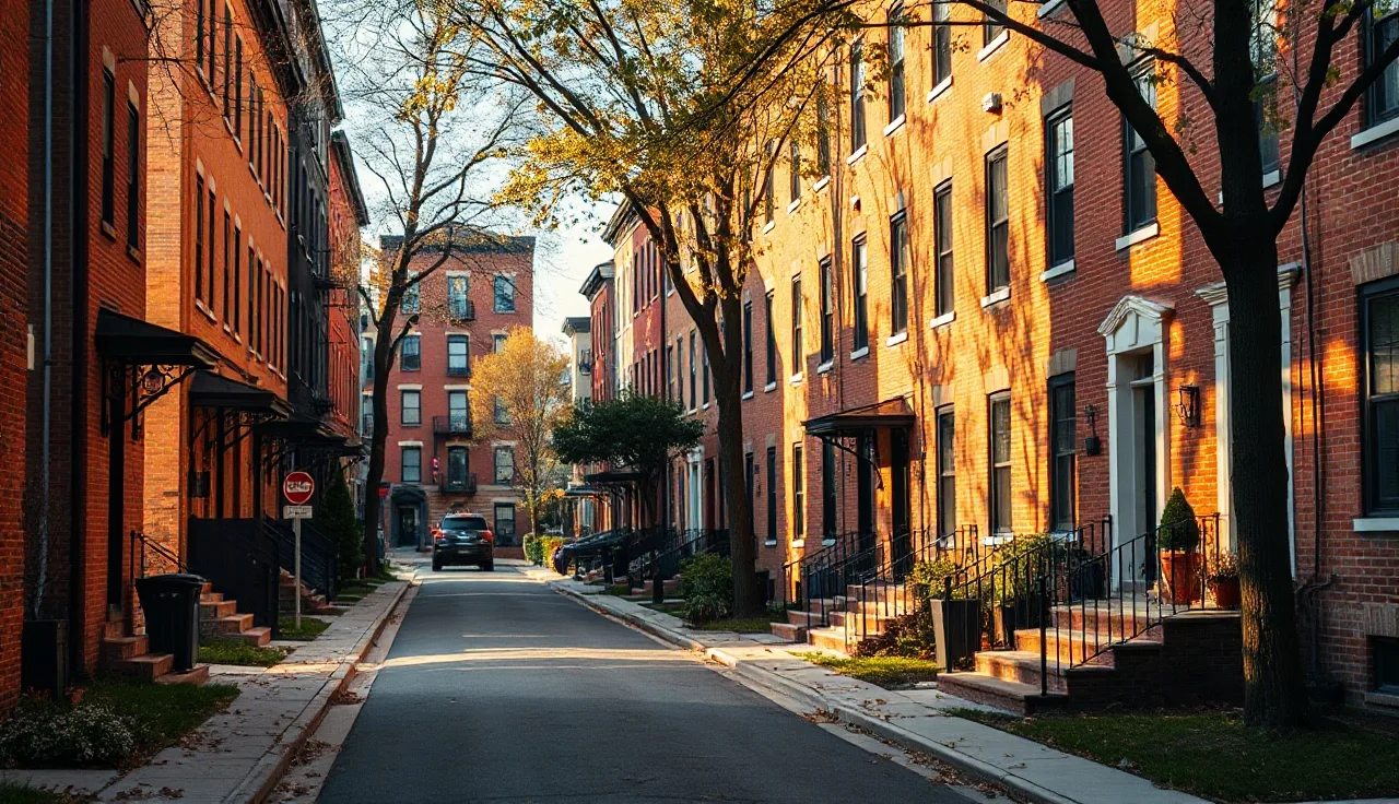 Brick townhouses on a Washington DC residential street in morning light
