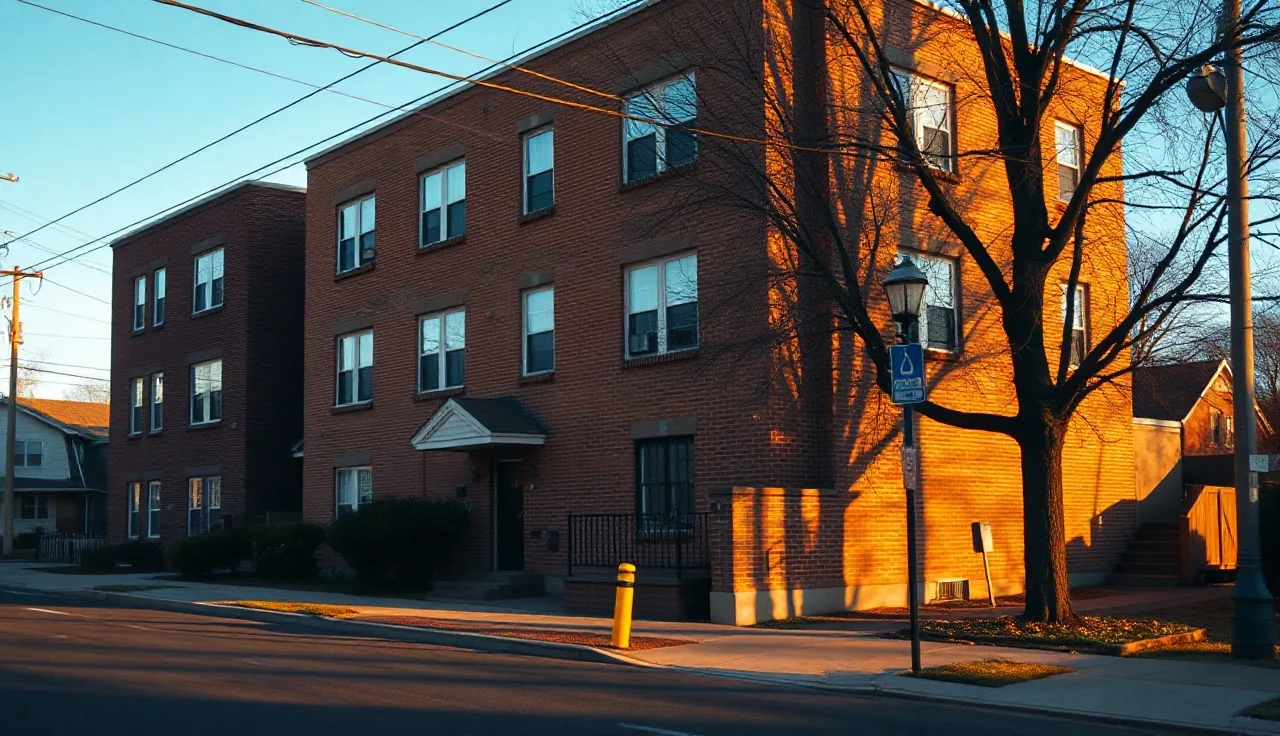 Brick apartment building on a New Jersey residential street in afternoon light