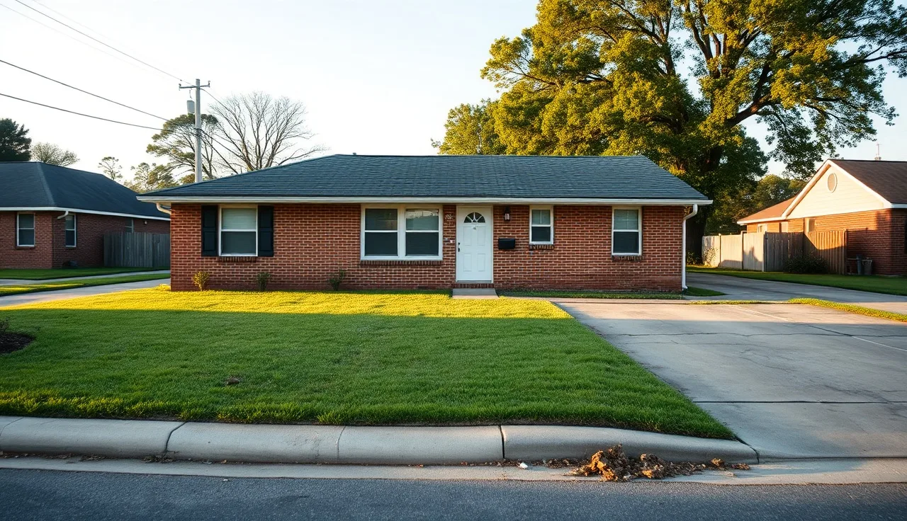 Brick rental home on a quiet Decatur Alabama residential street in afternoon light