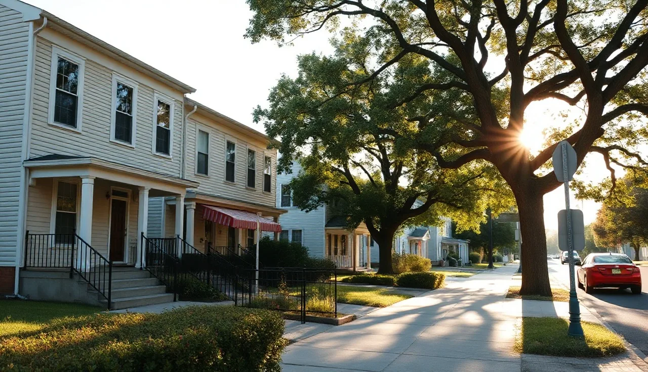 Modest townhouses on a residential street in Delaware on a clear afternoon
