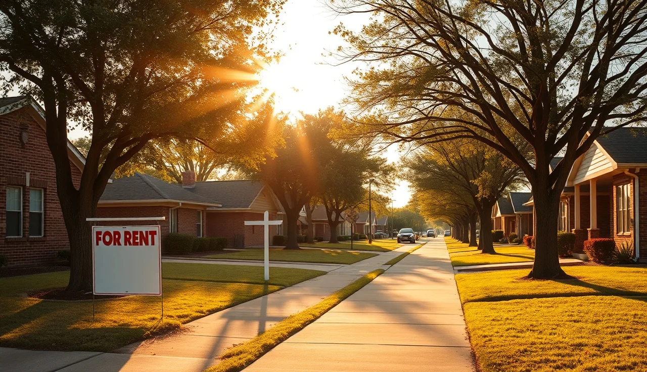 Residential street in Denton Texas with brick homes and a for-rent yard sign