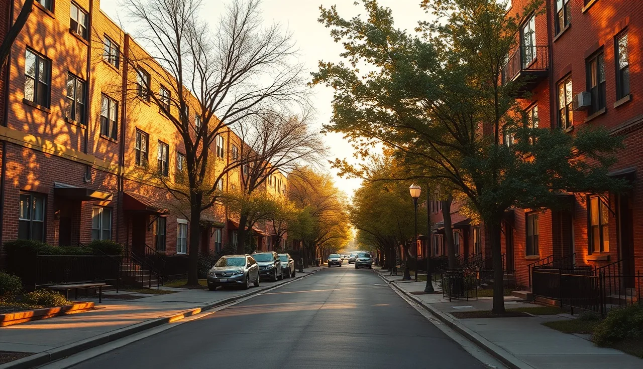 Denver residential street with brick apartment buildings at golden hour