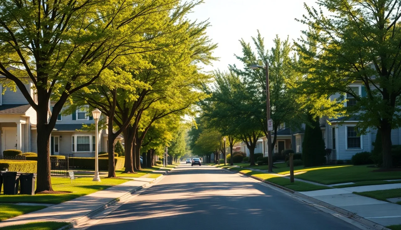 Suburban street with two-story homes in DuPage County Illinois on a sunny morning