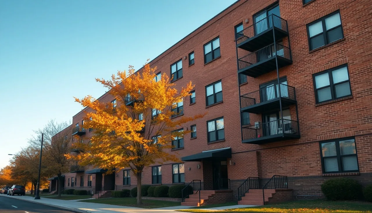Brick apartment building exterior in Durham with trees and afternoon light