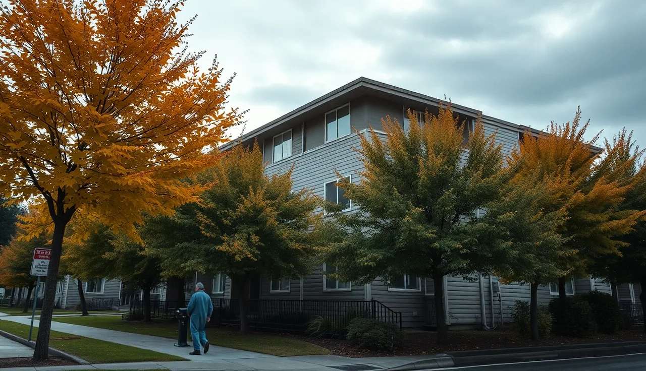 Apartment building exterior in Everett Washington on an overcast afternoon