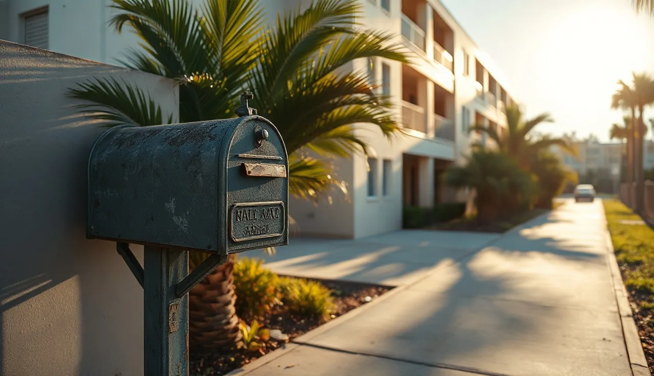 Pastel Florida apartment building with palm tree shadows and mailbox