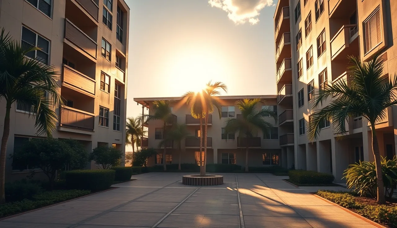 Sunny South Florida apartment complex exterior near Fort Lauderdale housing authority service area