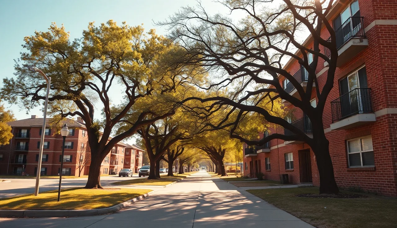 Brick apartment complex with oak trees on a sunny Fort Worth residential street