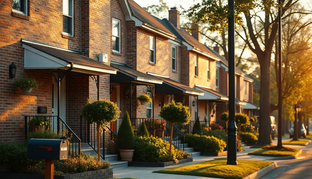 Brick townhomes in an Atlanta neighborhood with afternoon sunlight on front porches