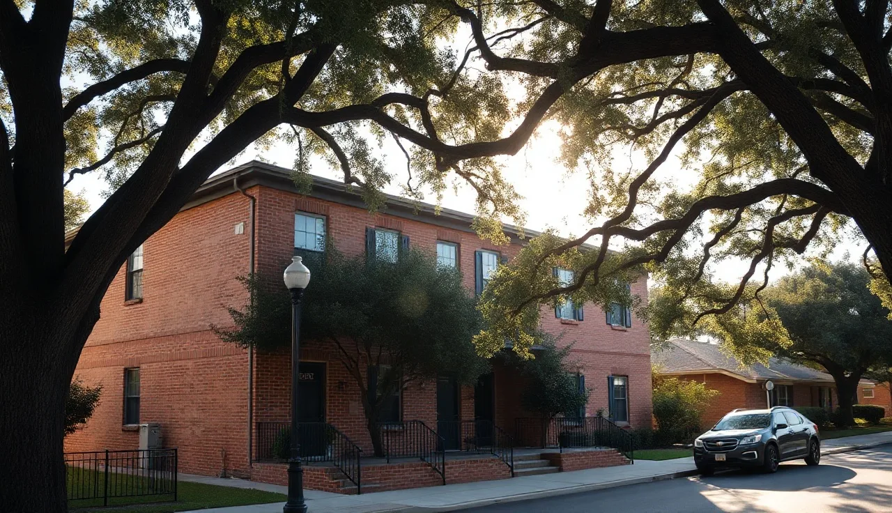 Two-story apartment building on a shaded Gainesville Florida residential street