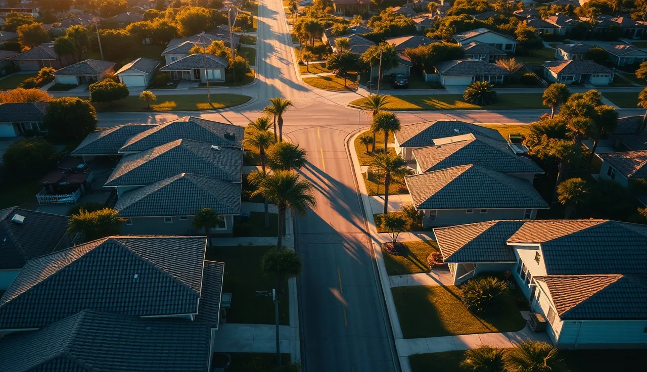 Galveston residential neighborhood with modest homes seen from above at golden hour