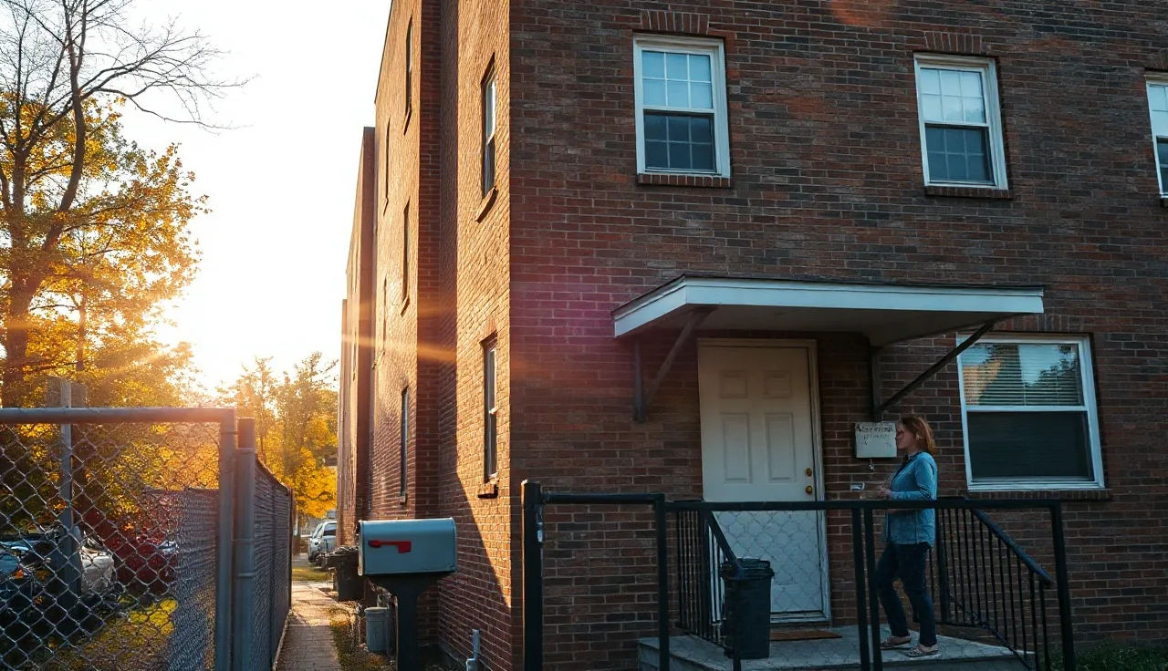 Woman checking mailbox outside brick Atlanta apartment building, afternoon light