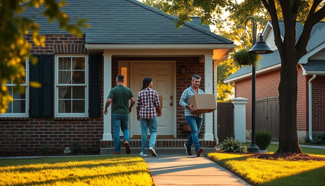 Family moving boxes into a brick home in Georgia at golden hour