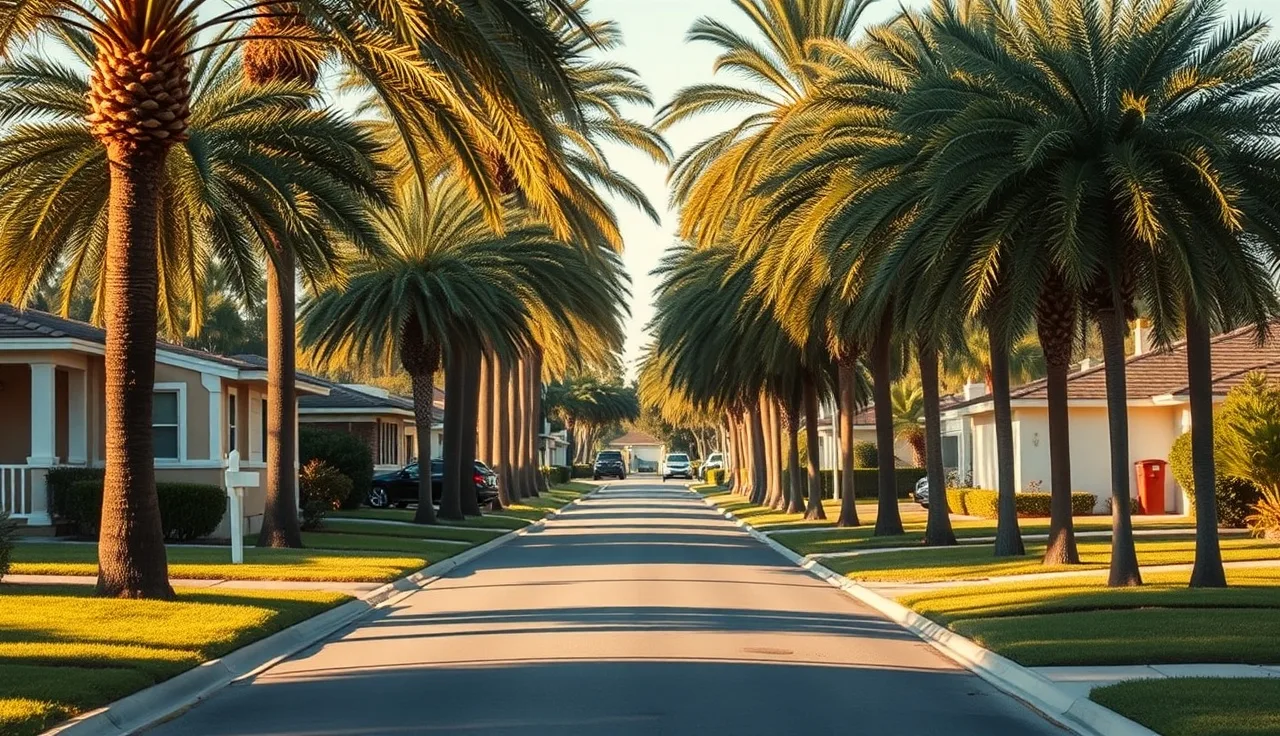 Suburban residential street in Port Orange Florida with palm trees and single-family homes