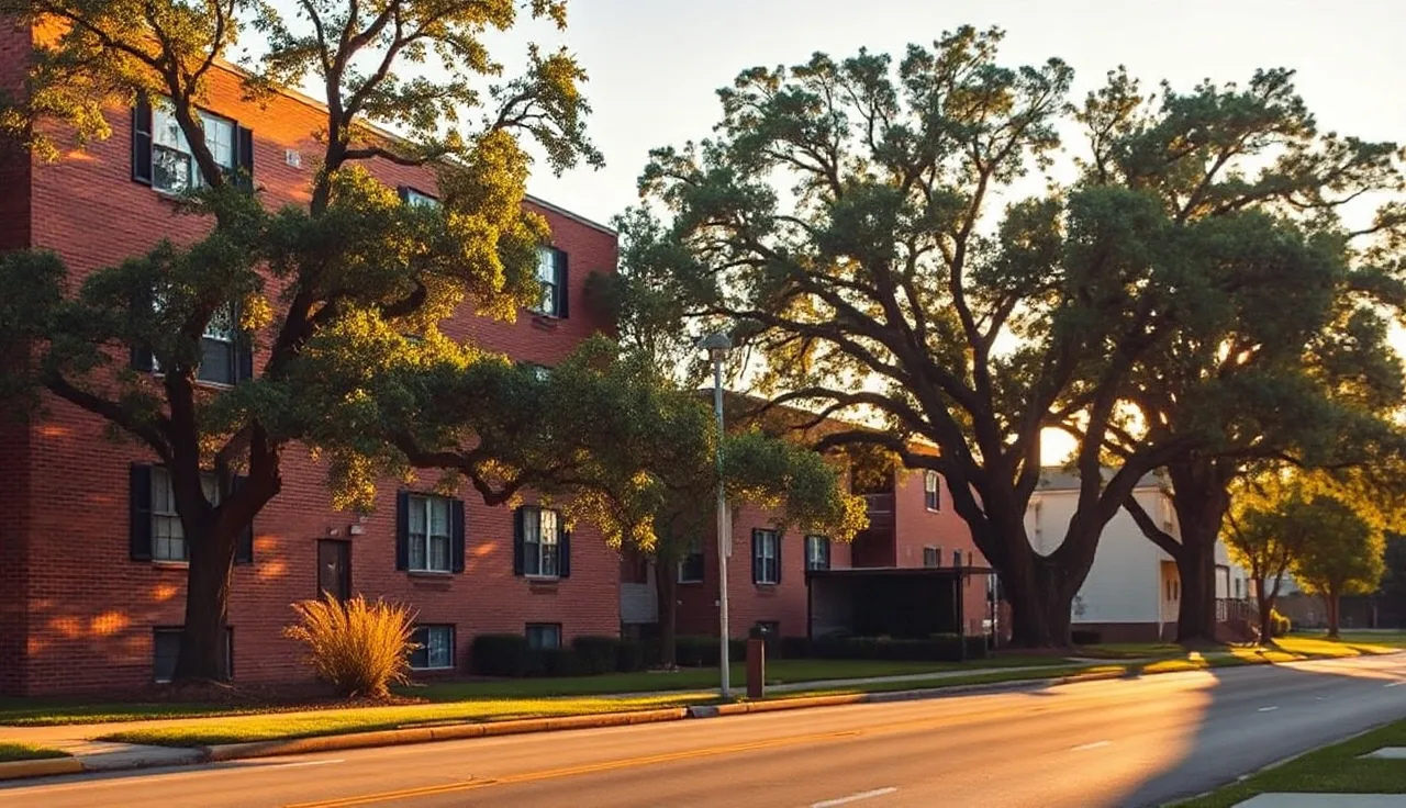 Brick apartment building in a Greensboro neighborhood at golden hour with oak trees