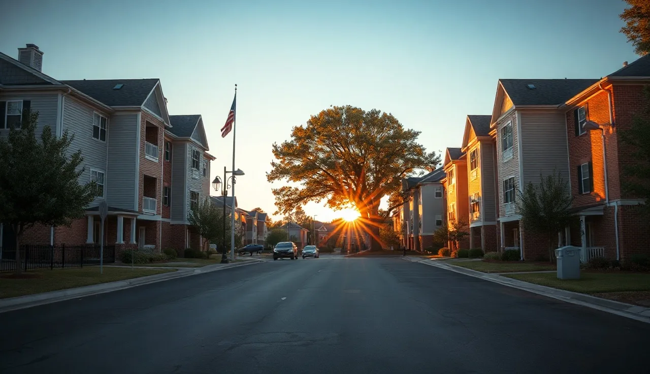 Residential apartment complex in Greenville SC under warm afternoon light