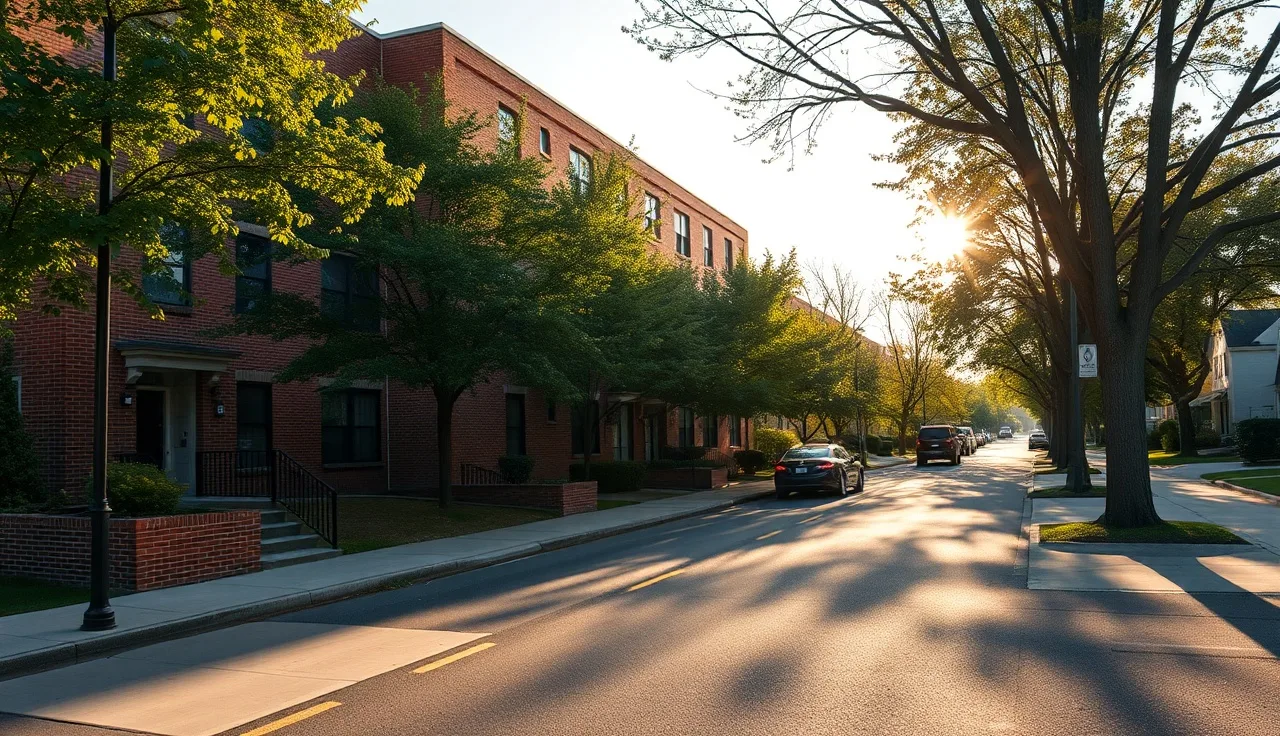 Brick residential apartment building on a Hagerstown Maryland street in morning light