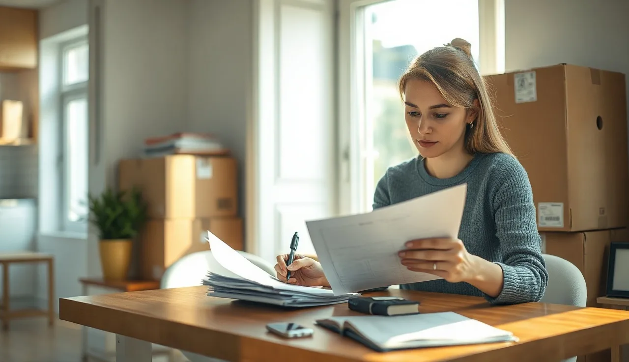 Woman reviewing housing paperwork at kitchen table with moving boxes behind her