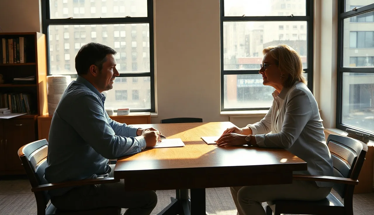 Case manager and client reviewing housing paperwork at a New York City office