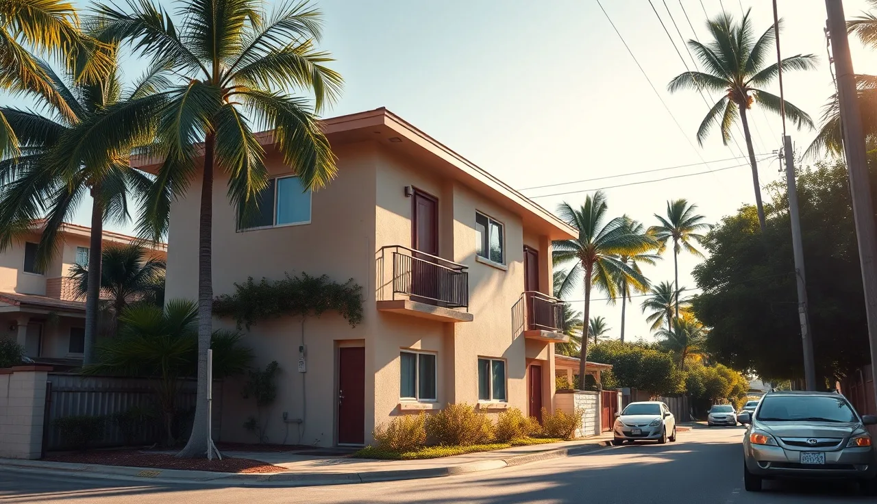 Residential apartment building on a quiet Hialeah street in morning light