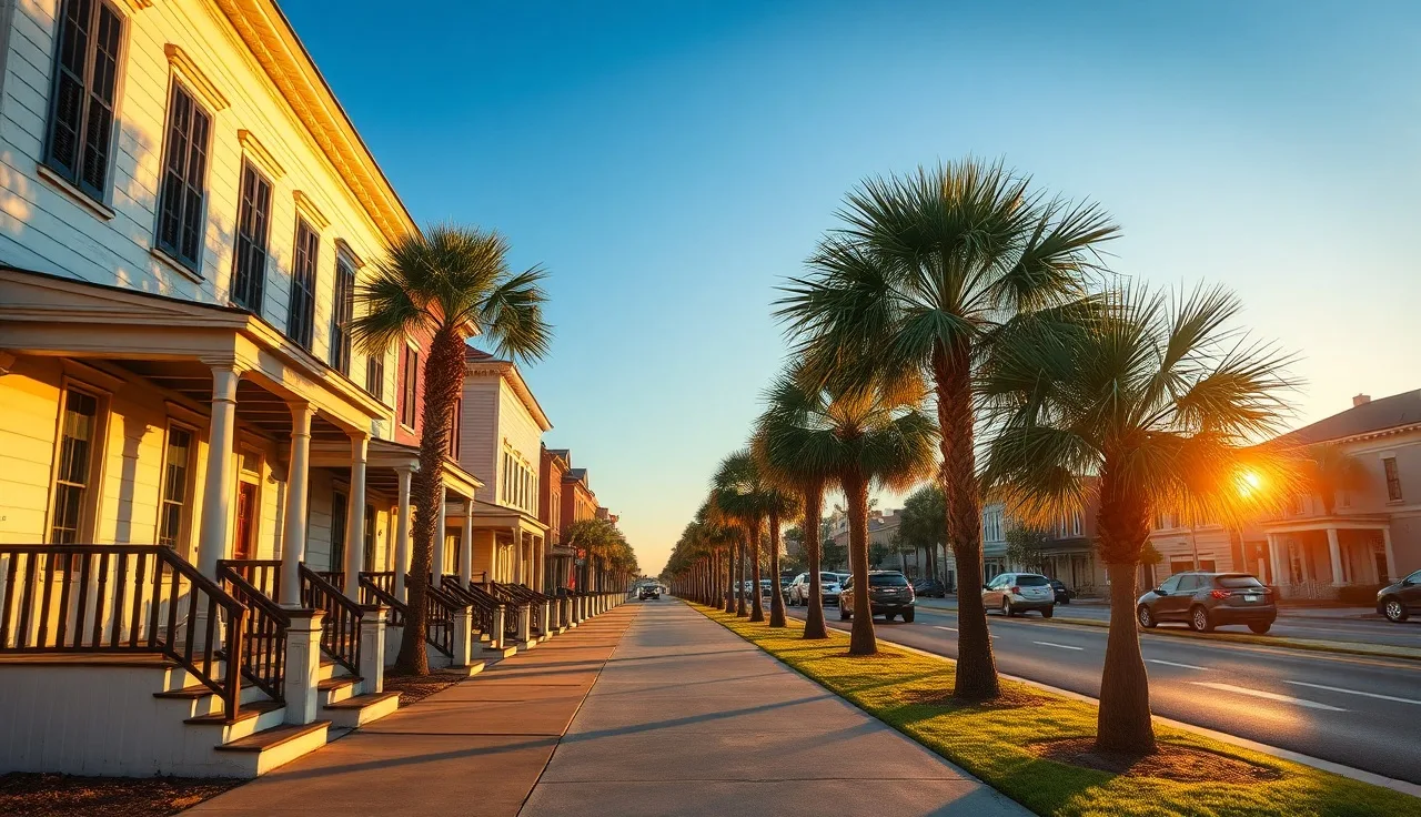 Historic pastel row houses on a Charleston South Carolina residential street at golden hour