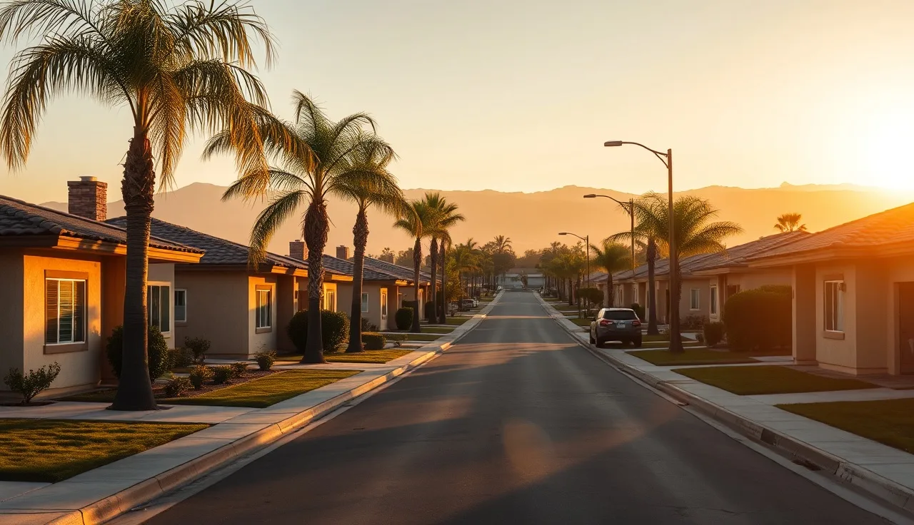 Residential street in San Bernardino County with stucco homes at golden hour