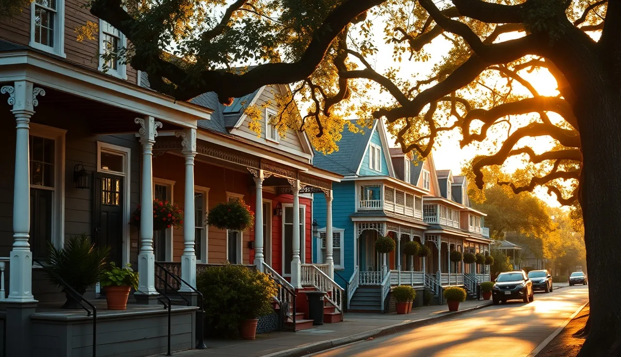 Row of historic New Orleans shotgun houses on a quiet residential street