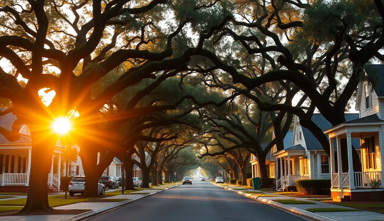 Savannah Georgia residential neighborhood street with oak trees at golden hour