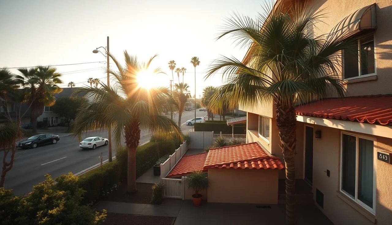 Sunlit Los Angeles apartment courtyard with palm tree and tiled roof, residential street visible