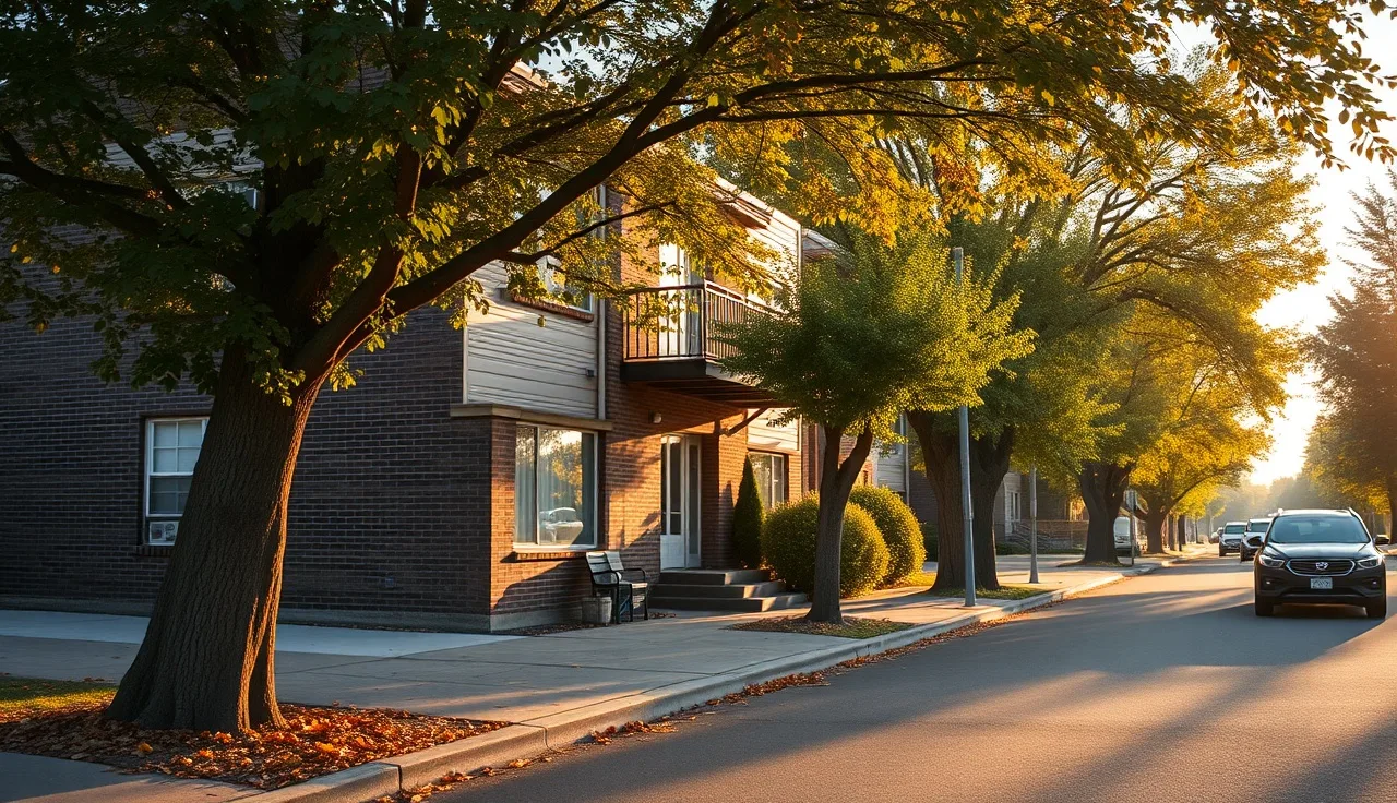 Two-story apartment building on a residential Salem street in morning light
