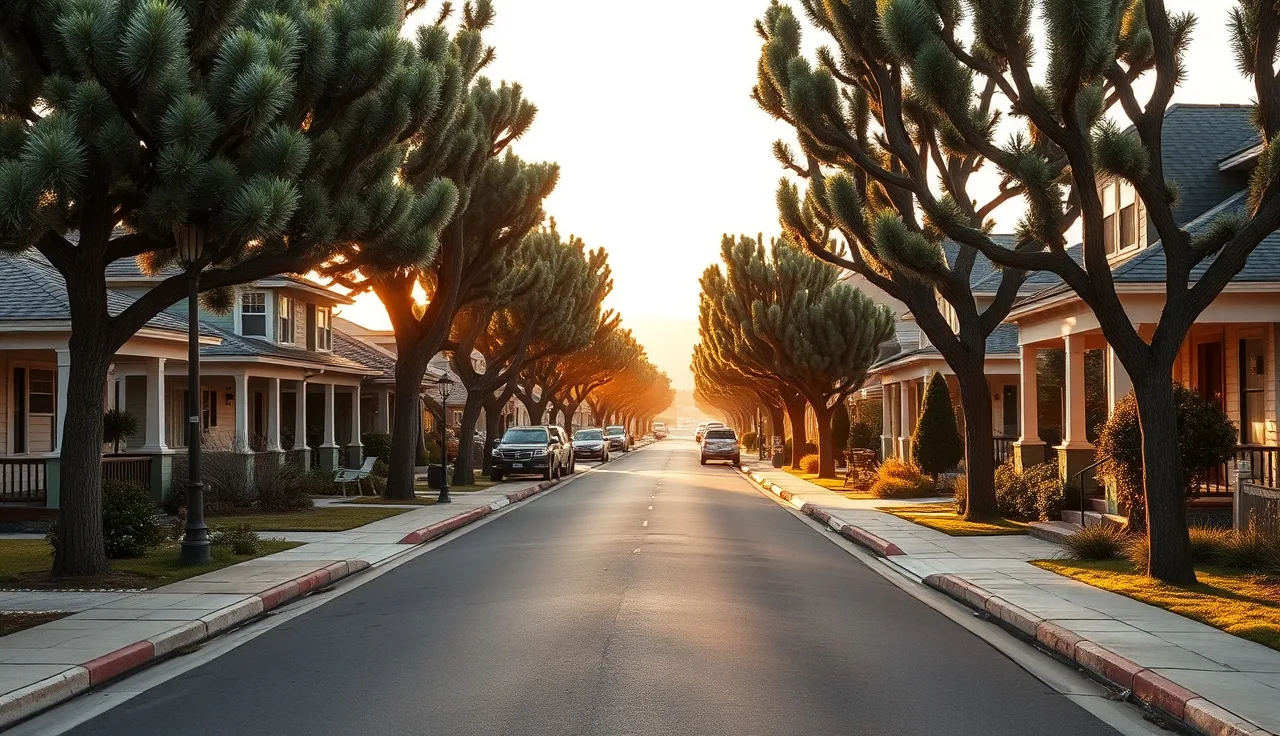 Residential street in coastal Santa Cruz County neighborhood at golden hour