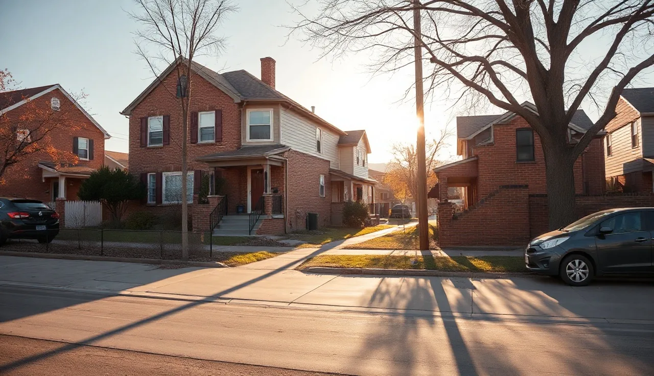 Brick rental home on a Denver residential street in morning light