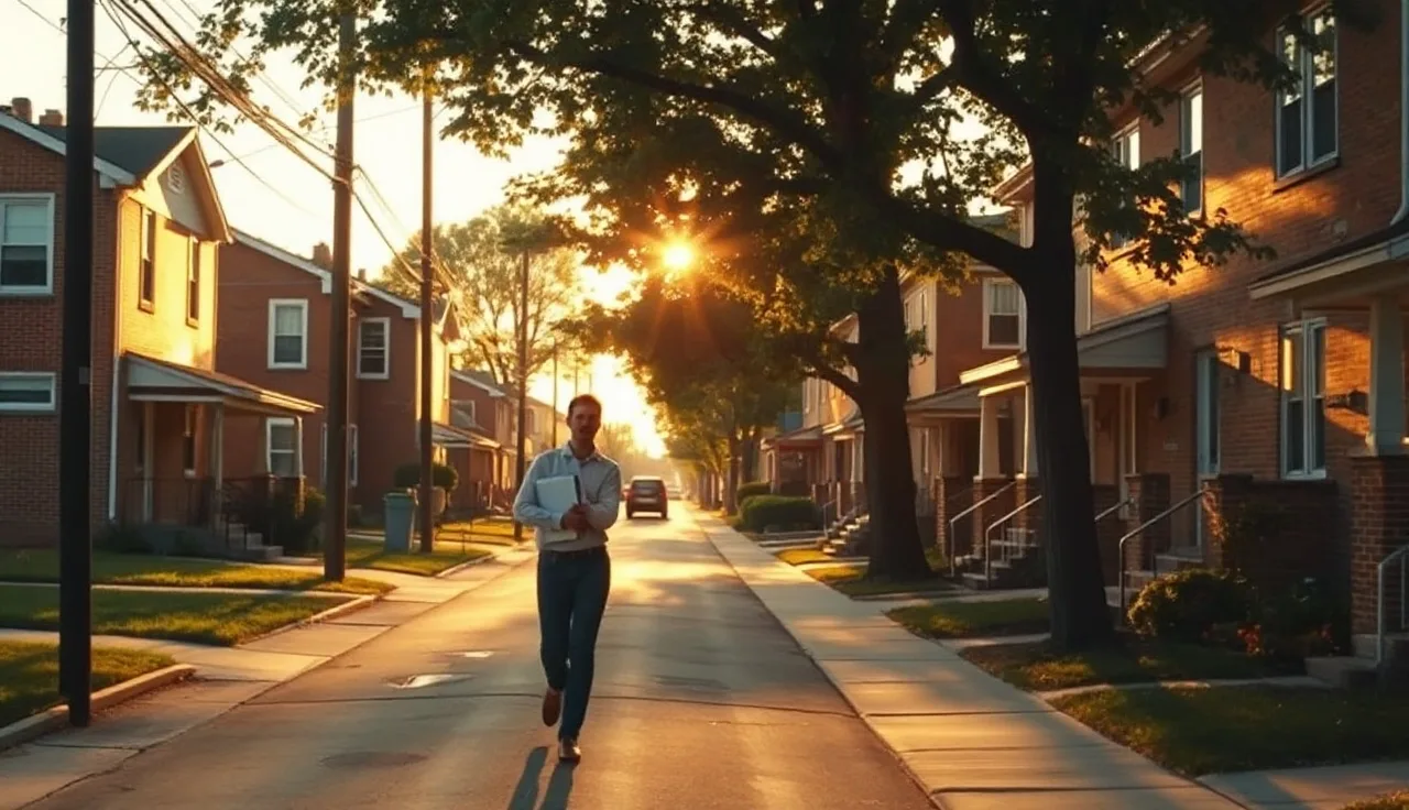 Woman approaching a brick rental home in an Ohio neighborhood, voucher paperwork in hand