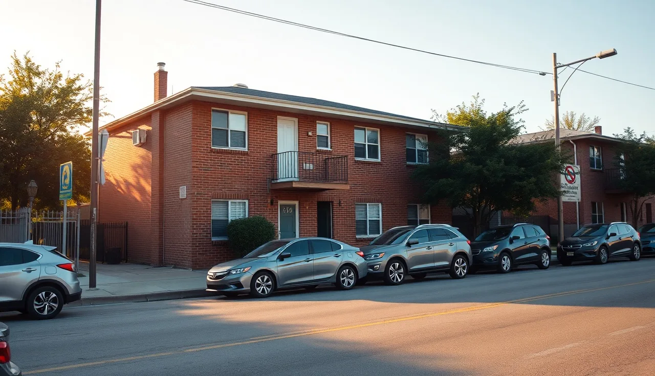 Brick apartment building on a quiet Port Arthur Texas residential street in afternoon light