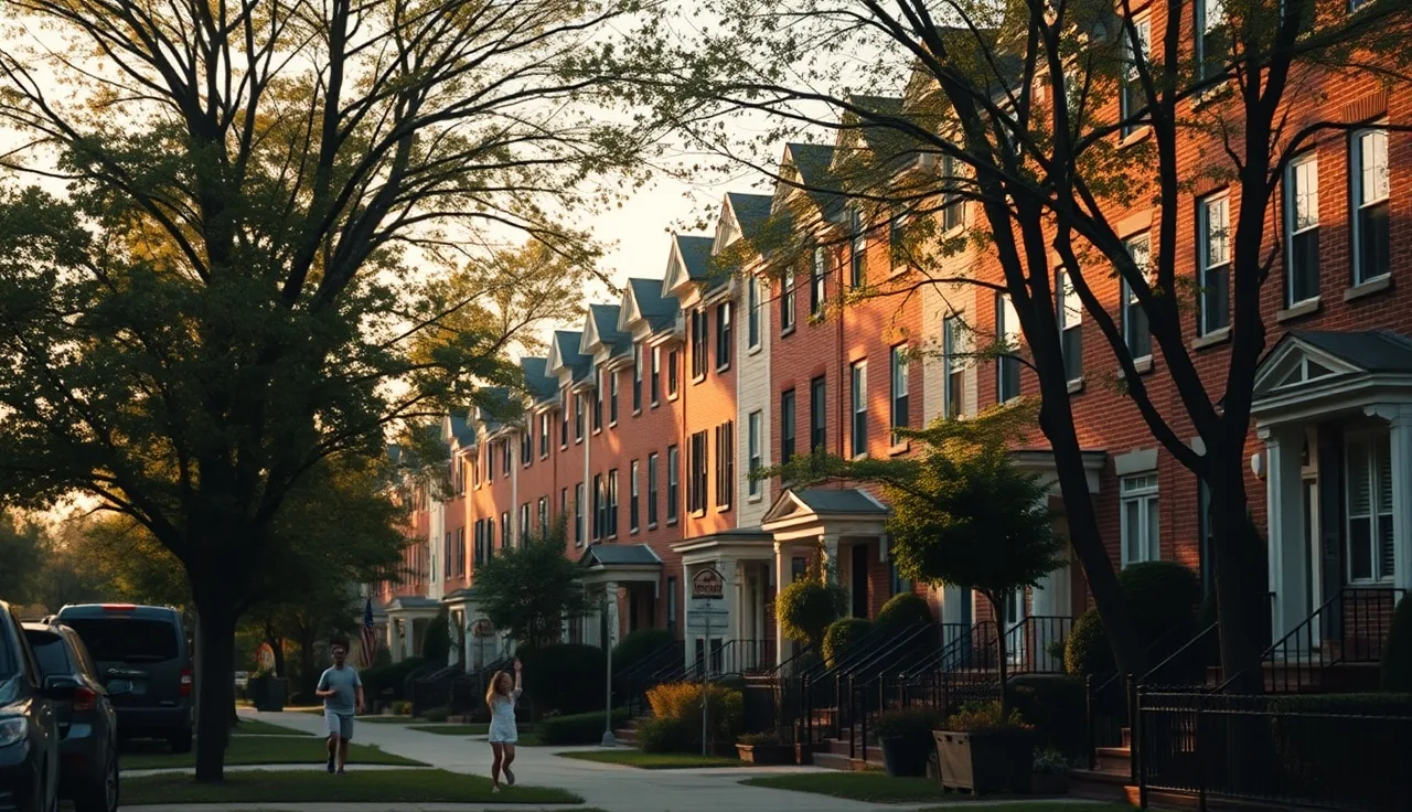 Brick townhouses on a Baltimore neighborhood street with family walking on sidewalk