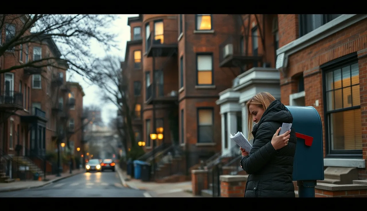 Woman checking mail outside brick apartment buildings in the Bronx