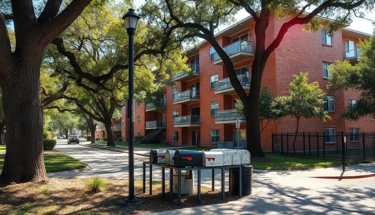 Brick apartment building on a residential Houston street with oak trees