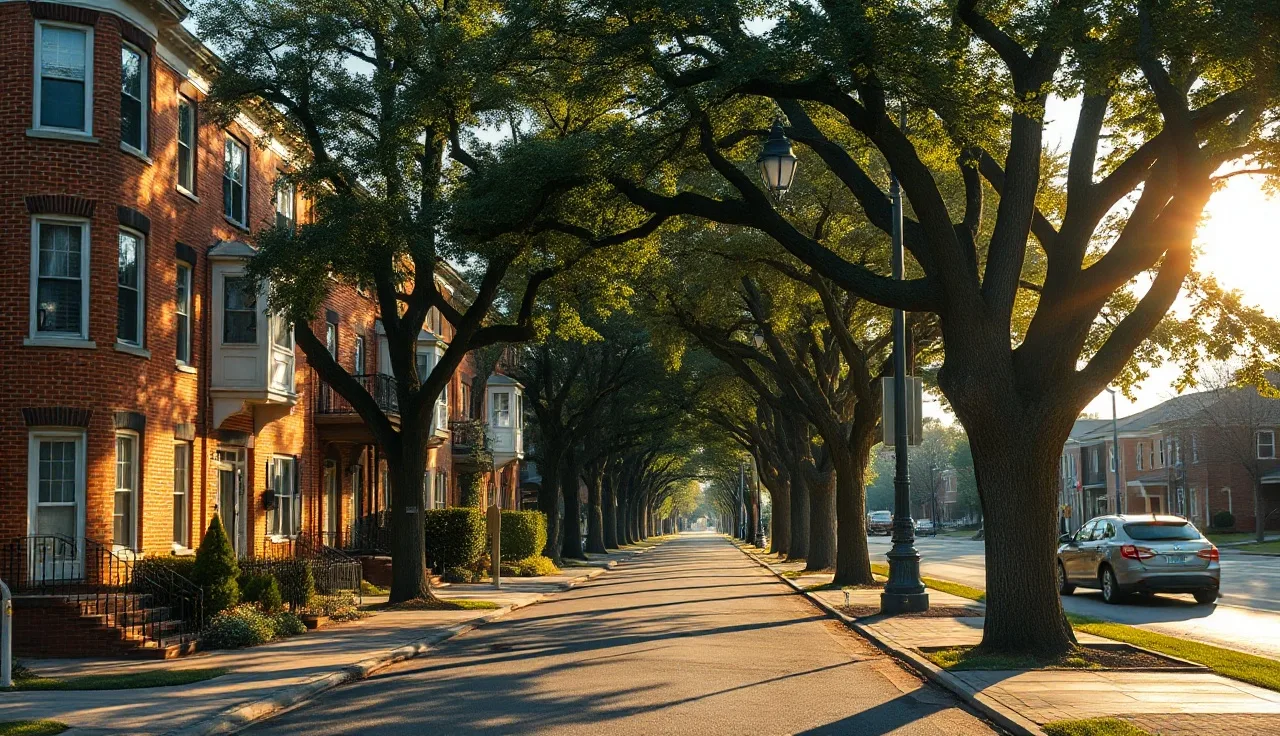 Brick rowhouses on a sunny Alabama residential street with oak trees
