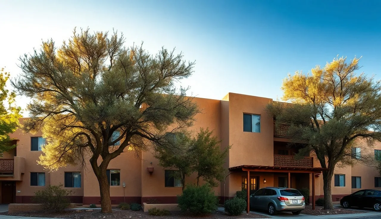 Adobe apartment complex in Albuquerque under a clear blue sky at golden hour
