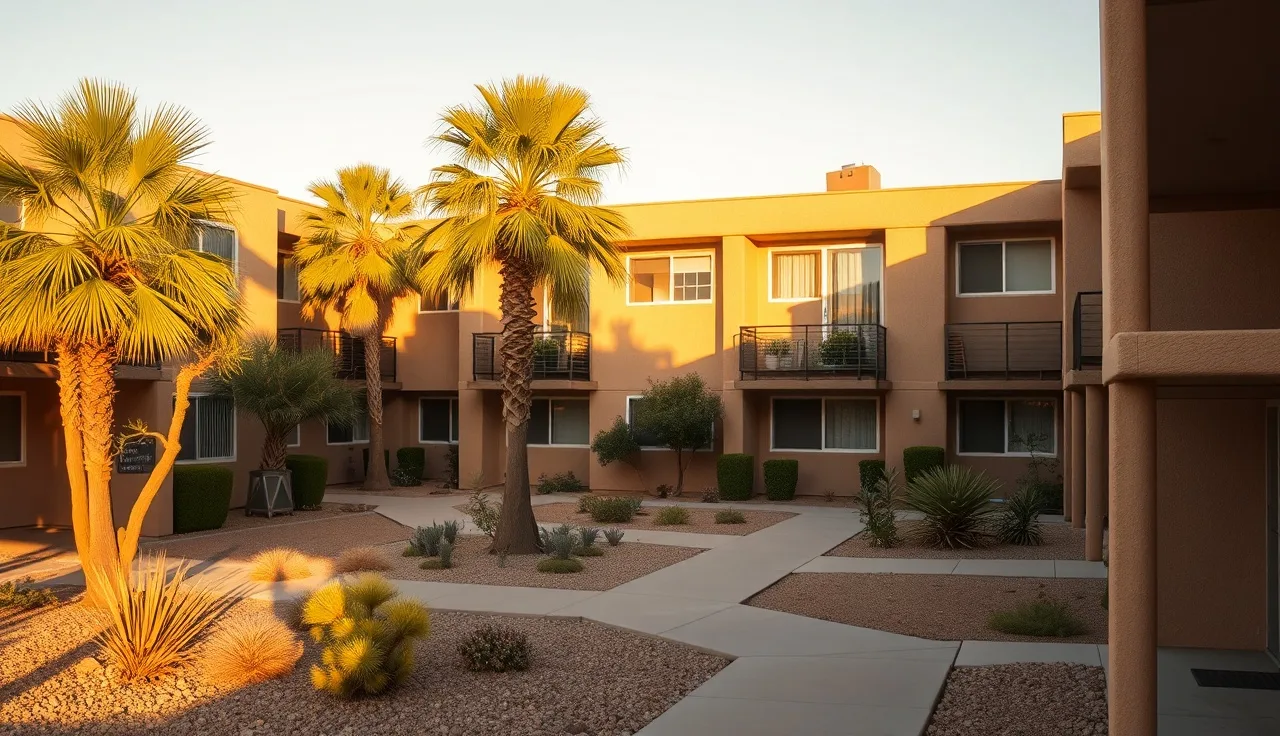 Phoenix Arizona apartment complex courtyard in late afternoon sunlight with desert landscaping