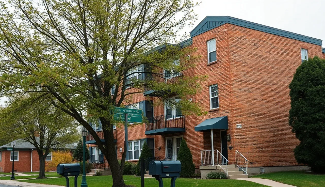 Brick apartment building on a Cincinnati residential street with mature trees