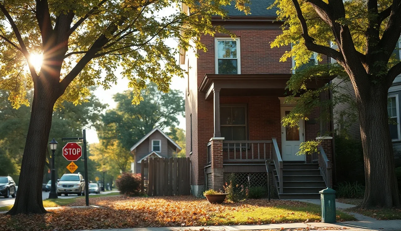 Brick two-story rental house on a Cleveland residential street in autumn afternoon light
