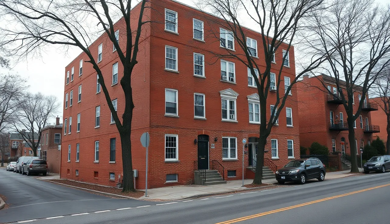Red-brick apartment building on a quiet Connecticut residential street in morning light
