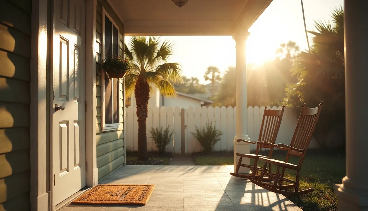 Sunlit Florida home porch with palm trees in the background at golden hour