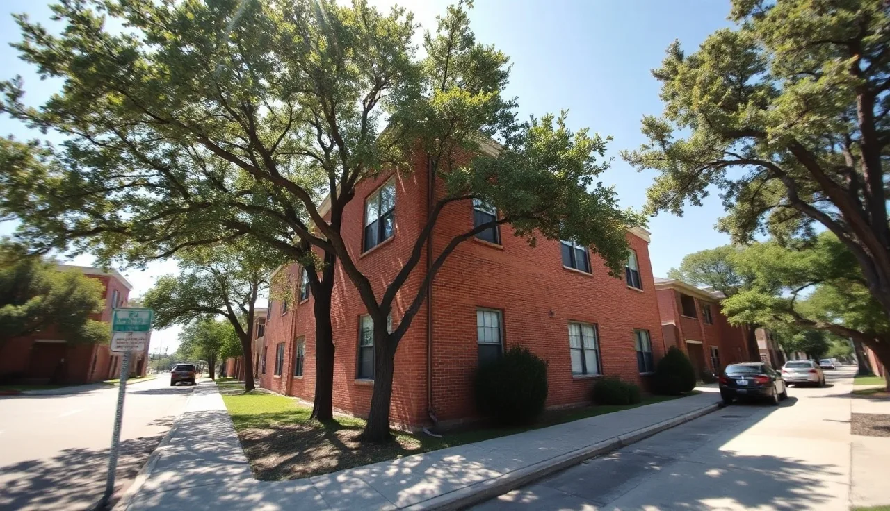 Brick apartment building with oak trees on a quiet Houston residential street