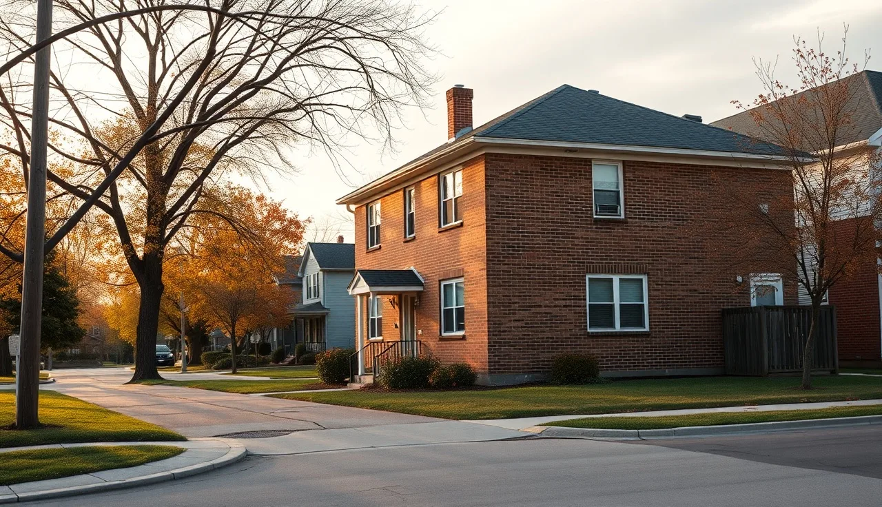 Brick rental home on a quiet Indiana residential street in autumn afternoon light