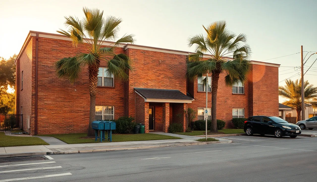 Brick apartment building in Jacksonville FL on a sunny afternoon with palm trees