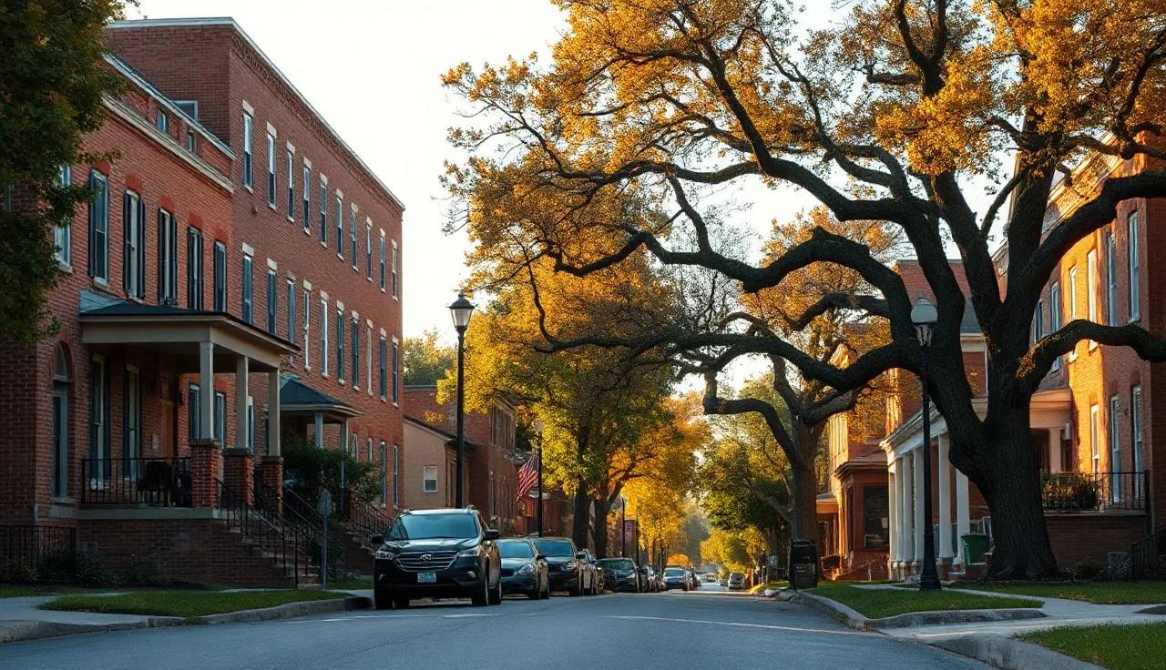 Tree-lined Kentucky residential street with brick apartment buildings in autumn morning light