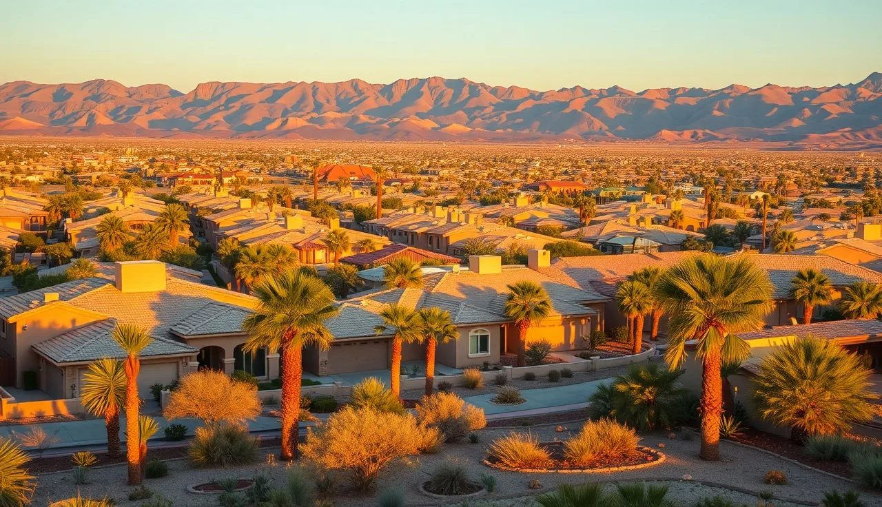 Las Vegas residential neighborhood with stucco homes and palm trees at golden hour